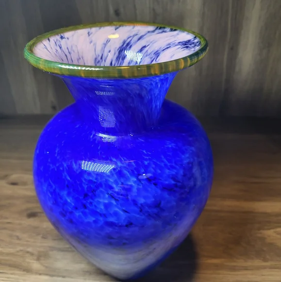 Hand Blown Glass Vase Vibrant Blue White Speckled Yellow Brim Art Glass - Picture 8 of 13